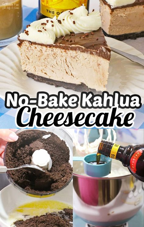 This rich and creamy Kahlua Cheesecake is the perfect dessert for any occasion! The coffee liqueur gives the cheesecake a delicious flavor that is balanced by the sweetness. The chocolate ganache top is the perfect finishing touch to this decadent no bake cheesecake! #recipes #dessert Bake Cheesecake Recipes, No Bake Cheesecake Recipes, Kahlua Cheesecake, Fall Cheesecake, Homemade Whipped Cream Recipe, Easy No Bake Cheesecake, Coffee Liqueur, Boozy Desserts, Baked Cheesecake Recipe