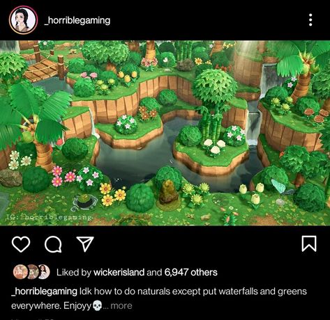 Acnh Water Scaping Ideas, Junglecore Animal Crossing, Animal Crossing Waterfall Ideas, Acnh Waterscaping Ideas, Acnh River Ideas, Animal Crossing Terraforming, Acnh Tropical, Jungle Island, Cottagecore Animal Crossing