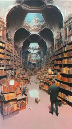 ↑↑↑ Larger size on website 🔸 The image shows a grand library with tall bookshelves reaching up to a vaulted ceiling. The shelves Chained Library, Architectural Library, Grand Library, Library Interior, Tall Bookshelves, Long Shadow, Vaulted Ceiling, Bookshelves, Large Size