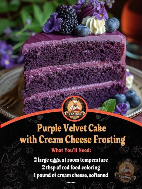 Tasteful Recipes Purple Velvet Cake, Purple Velvet Cakes, Tasteful Recipes, Purple Cake, Velvet Cake Recipes, Purple Cakes, Cake With Cream Cheese Frosting, Tea Cake, Red Food Coloring