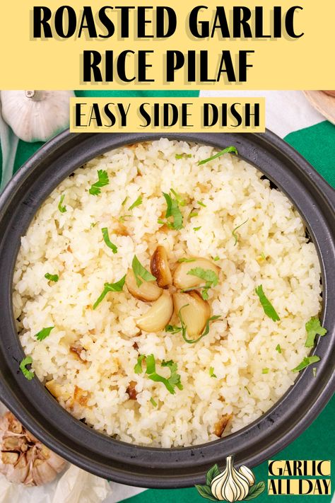 Upgrade your dinner game with this Roasted Garlic Rice Pilaf - This flavorful dish is perfect as a side or a main course. The roasted garlic adds an extra layer of depth and richness to the already delicious dish.  Make it for your next family dinner or potluck and watch as everyone goes back for seconds and thirds. Trust me, it's that good! Garlic White Rice, Garlic Rice Pilaf, Garlic Rice Recipe, Garlic Rice Recipes, Garlic Butter Rice, Gluten Free Vegetables, Rice Pilaf Recipe, White Rice Recipes, Garlic Rice