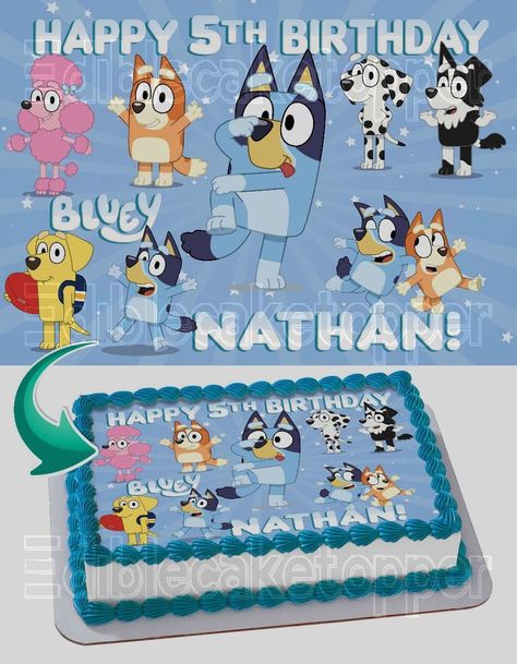 Edible Picture Cake, Edible Image Cake Topper, Birthday Sheet Cakes, Happy 8th Birthday, Bluey Bingo, Bluey Birthday, Edible Image Cake, Edible Icing Sheets, Happy 5th Birthday