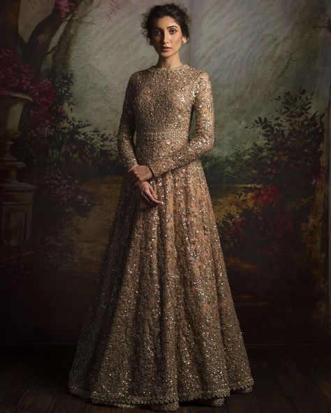 Heavy gold and dirty pink anarkali gown for bride's Reception or Engagement - Sabyasachi 2016 Indian Things, Sabyasachi Bridal, Reception Gowns, Asian Dresses, Engagement Gowns, Indian Wedding Gowns, Reception Outfit, Reception Gown, Salwar Kamiz