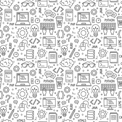 Programming and developers vector seamless pattern. Internet and coding black linear print with computer languages Computer Coding Images, Programming Art Design, Programming Languages Wallpaper, Computer Project Design, Programming Doodle, Coding Background Wallpaper, Computer Design Background, Ict Background Design, Programming Logo Design