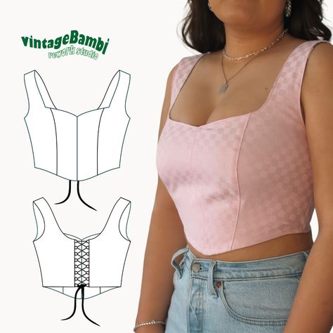 Free Beginner Sewing Patterns For Women, Sowing Designs Top, Party Top Sewing Pattern, Easy Corset Pattern Free, Corset Top Pattern Free Pdf, Corset Top Sewing Pattern Free, Bustier Top Pattern Free, Easy Corset Diy, Easy Tank Top Sewing Pattern