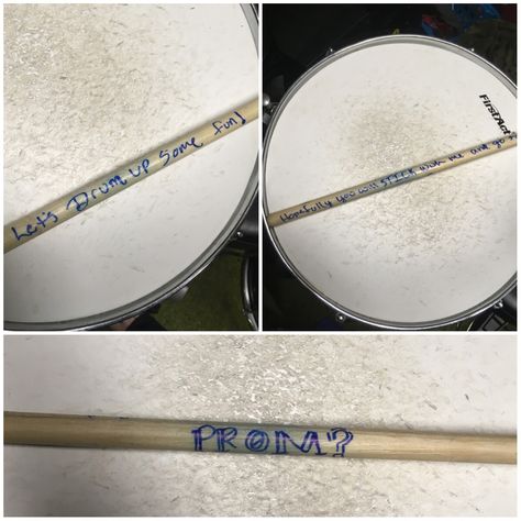 Drummer promposal - drum promposal. Great for those drummer boys or band kids Drumline Hoco Proposals, Marching Band Hoco Proposals, Band Hoco Proposals, Band Promposal, Marching Band Couples, Prom Asks, Formal Proposal, Creative Prom Proposal Ideas, Sadies Proposal