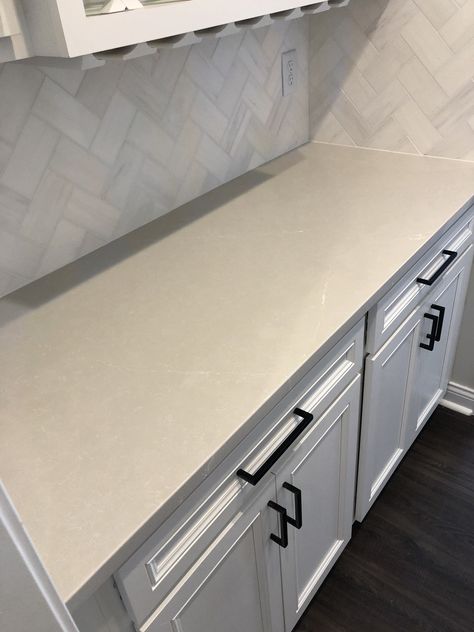 Countertop: Desert Silver Silestone Desert Silver Quartz, Desert Silver Quartz Countertop, Silestone Desert Silver, Murrells Inlet, Kitchen Counter Decor, Quartz Kitchen, Level 4, White Cabinets, Counter Top