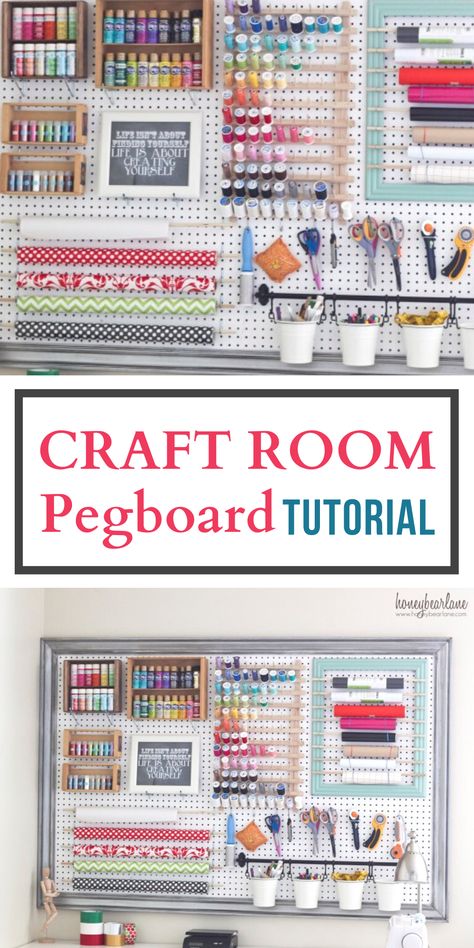 Peg Board Walls Craftroom, Craft Room With Pegboard, Craft Storage In Garage, Pegboard Organization Sewing Room, Pegboard Organization Art Studio, Junk Storage Ideas, Pegboard Wrapping Station, Peg Board Ideas Craft Room, Sewing Room Peg Board Ideas