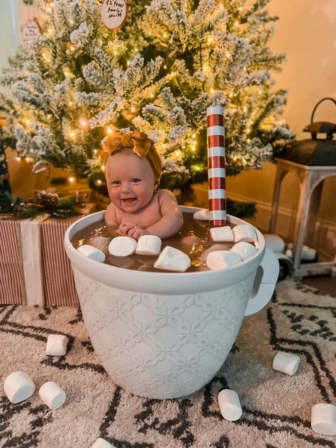 Christmas Hot Cocoa Baby Photoshoot, Hot Coco Baby Pictures, Hot Coco Photoshoot Toddler, Christmas Baby Shoot Ideas, Diy Hot Chocolate Photoshoot Baby Pink, Christmas Hot Chocolate Photoshoot, Cute Christmas Baby Pictures, Hot Coco Baby Photoshoot Diy Decorations, Christmas Photoshoot Ideas For Toddlers