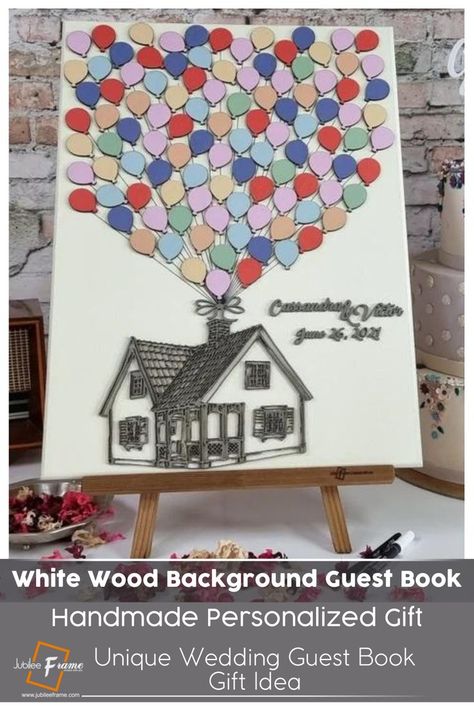 Movie Up House, Movie Balloons, Multicolored Wedding, Up Movie House, Disney Movie Up, House Movie, Wooden Guest Book, Wedding Guest Book Unique, Wood Guest Book