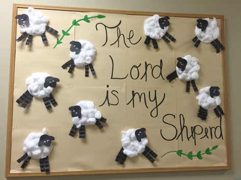 The Lord Is My Shepherd Bulletin Board, Christian Preschool Bulletin Boards, Sheep Bulletin Board Ideas, Biblical Bulletin Board Ideas, Bible School Bulletin Board Ideas, Lds Nursery Bulletin Board Ideas, Sunday School Board Ideas, Sunday School Bulletin Boards For Kids, Kids Church Bulletin Boards