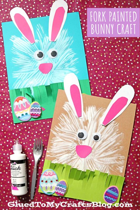 Fork Painted Bunny Craft For Kids To Make This Spring - Glued To My Crafts Bunny Art For Preschoolers, Easter Crafts Painting, Bunny Art Kindergarten, Preschool Bunny Art, Easter Bunny Art For Kids, Easter Art Crafts For Kids, Easy Bunny Crafts For Preschool, Easter Crafts For Prek, Easter Crafts For School