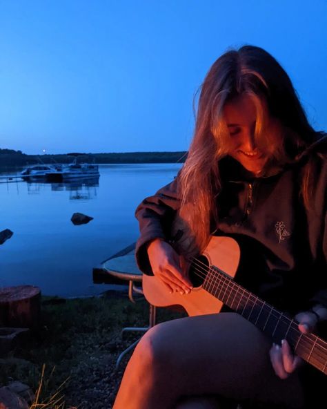 Guitar Girl Aesthetic, Fire Guitar, Aesthetic Lake, Guitar Girl, Camp Fire, Lake Sunset, Acoustic Guitar, Boats, Guitar