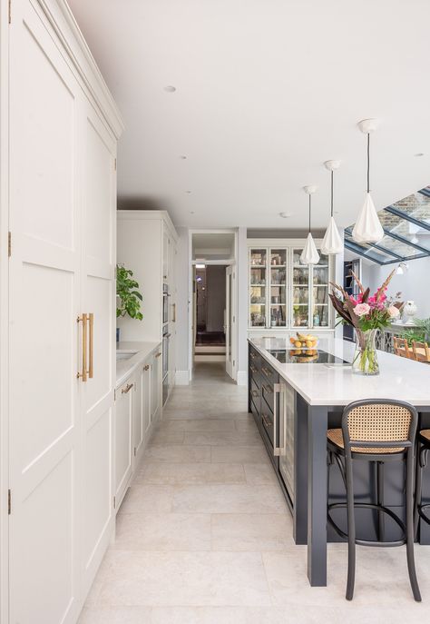 The Southwark Project — Herringbone Light Colour Kitchen, Kitchen Extension With Island, Colour Kitchen, Kitchen Refurbishment, Herringbone Kitchen, Sink In Island, Classic White Kitchen, Long Kitchen, L Shaped Kitchen