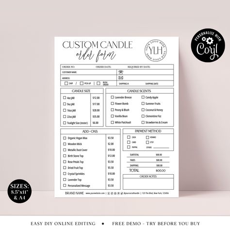 "Editable candle order form template in two sizes and two layout options. Change all of the template colors to match your brand. DIY edit and printable custom candle order log template, that would be perfect for candle makers, boutiques and Etsy sellers and more... Edit with your own text, edit all the colors (including the icons), move elements around, add images/ logos and change fonts.  Edit right within your browser in the Corjl online software - there's no need to download any software or fonts! You can personalize on your computer, or make basic text edits using your phone or mobile device. No waiting! You'll receive an access link to your item minutes after purchasing. 🌟 TRY THIS DESIGN BEFORE YOU BUY 🌟 Copy and paste this link into a new browser window: https://www.corjl.com/d/3B Candle Order Form Template, Text Edit, Website Sign Up, Order Form Template, Custom Candle, Check Box, Printable Business, Order Design, Form Template