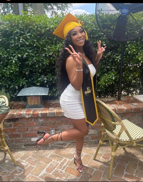 After Graduation Pictures, Cap And Gown Pictures Black Women, Senior Outfit Ideas Black Women, Graduation Outfit Black, Graduation Black Women, Graduation Dress Black Women, Graduating University, Grad Sash, Senior 25