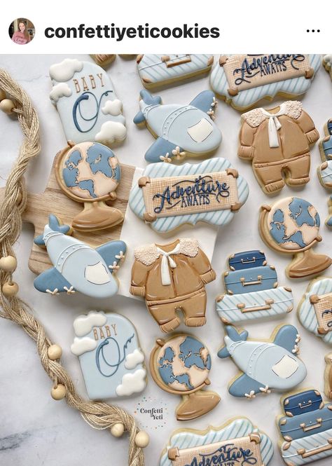 Travel Cookies, Globe Cookies, Airplane Baby Shower Theme, Vintage Airplane Baby Shower, Airplane Cookies, Adventure Awaits Baby Shower, Travel Baby Shower Theme, Travel Baby Showers, Airplane Baby Shower