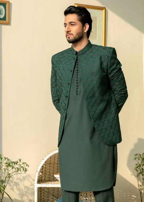 Include: Kurta Prince Coat Trouser Fabric: Slub Color: Green Work Technique: Embroidered Description: embroidery Prince coat + kurta + trouser This is a 3 Piece stitched outfit. Disclaimer: The color of the outfit may vary due to lightening effect of photography Mehndi Dresses For Men, Kurta For Engagement For Men, Groom Green Outfit, Prince Coat Design For Men, Groom Mehndi Outfit For Men, Mehndi Dress For Boys, Prince Coat Wedding Pakistani, Prince Coat Wedding Pakistani Men, Green Prince Coat