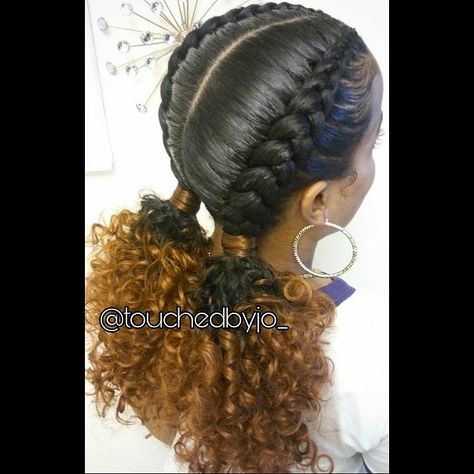 2 feed in braids into low ponys 2 French Braids With Curly Ponytails, 2 Braids Into Low Ponytail, Feed In Curly Bun, Feed In Braid Bun With Curly Hair, Feed In Ponytail With Curly Hair, 2 French Braids With Weave, Two Braids With Weave, 2 Feed In Braids, Two Cornrow Braids