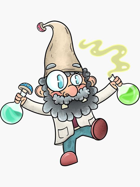 "Gnome chemist" Sticker by stevennvh | Redbubble gnomes,leprechaun,dwarf,dwarfs,funny,docter,crazy,potion,mushroom,mushrooms,lab coat,hat,character,alchemist,professor,humoristic,cartoon,chemistry,physics,high,drugs,drug,serum,mad,scientist,scientists,popart,pop,culture,children,retro,vintage,modern,stylized,bong Science Cartoon Drawings, Chemist Sticker, Physics Cartoon, Chemistry Cartoon, Cartoon Scientist, Scientist Cartoon, Science Cartoons, Gargoyle Tattoo, Spongebob Drawings