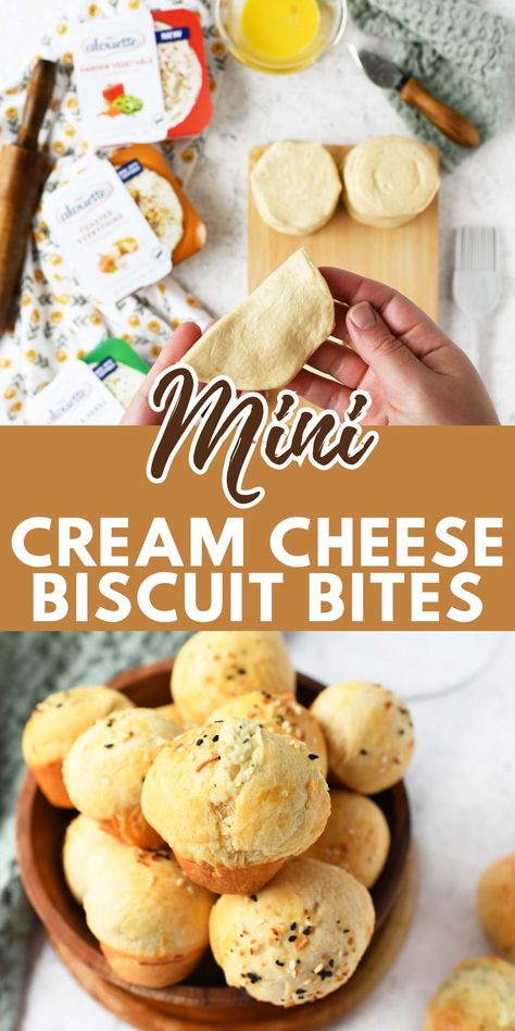 A hand with dough and final baked mini cream cheese filled biscuits in a wooden bowl. Cream Cheese Stuffed Biscuits, Filled Biscuits, Breakfast Casserole Muffins, Stuffed Biscuits, Cream Cheese Biscuits, Biscuit Bites, Easy Delicious Appetizers, Brunch Board, Cheese Biscuit