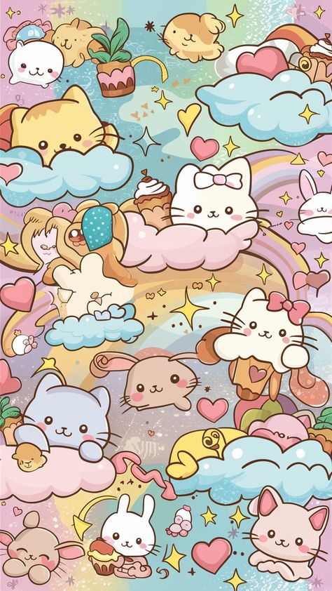 Transform your iPhone screen with this adorable and enchanting wallpaper inspired by kawaii style. Featuring a pastel-colored background adorned with smiling cartoon kittens, bunnies, and delightful little stars, this design brings a whimsical and joyful atmosphere to your device. Fluffy clouds float by, while twinkling hearts and sparkling rainbows add to the magic. Charming details like bows, cupcakes, and tiny plants complete the vibrant and cheerful aesthetic, making it the perfect choice to brighten up any smartphone screen with happiness and playfulness. Cartoon Kittens, Cheerful Aesthetic, Enchanting Wallpaper, Wallpaper Fofo, Pastel Iphone Wallpaper, Fluffy Clouds, Tiny Plants, Kawaii Style, Stitch Ideas