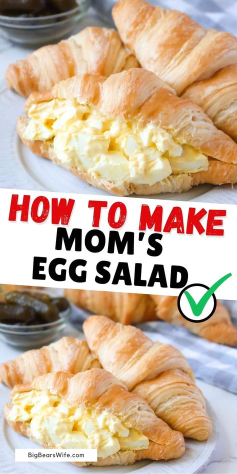 Homemade egg salad made with hard boiled eggs, mayo, mustard, salt and pickle juice! Perfect when served on toast or stuffed into croissants. This is Mom's Egg Salad recipe and we hope you'll love it! via @bigbearswife Egg Salad Recipe Easy, Best Egg Salad Recipe, Classic Egg Salad, Egg Salad Sandwiches, Egg Salad Recipe, Comfort Food Southern, Simple Sandwiches, Pickle Juice, Sweet Pickles