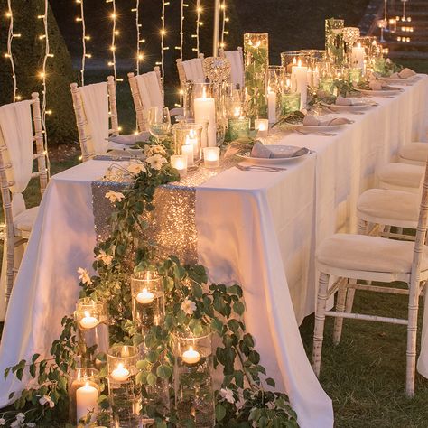 Fairy Lights Wedding Reception Table, Table Decor Fairy Lights, Fairy Lights Wedding Table, Fairy Light Wedding Decor, Micro Wedding Decorations, Wedding Top Table Candles, Small Fairy Wedding, Wedding Fairy Lights Centerpieces, Candles And Lights Wedding