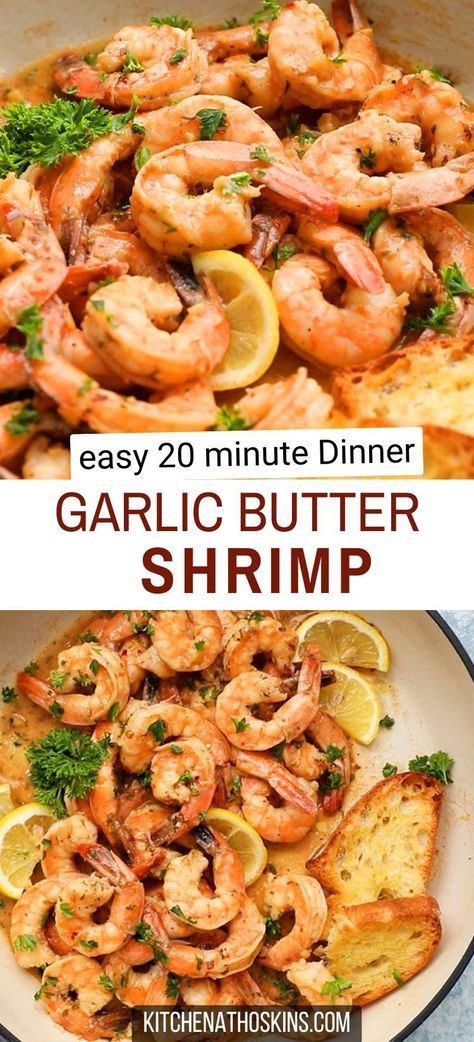 Learn how to make the best garlic butter shrimp recipe which makes a quick and easy weeknight dinner in 20 minutes. Tender and juicy shrimp is tossed in a lemon garlic butter sauce and is delicious served with bread, pasta or rice. Get the easy garlic shrimp recipe using fresh or frozen shrimp at kitchenathoskins.com. How To Cook Precooked Shrimp, Shrimp And Garlic Sauce, Shrimp In Skillet, Stovetop Shrimp Recipes, Easy Garlic Shrimp Recipe, Shrimp Oven Recipes, Recipe Using Frozen Cooked Shrimp, Sautéed Shrimp Recipes, Shrimp Seasoning Recipes