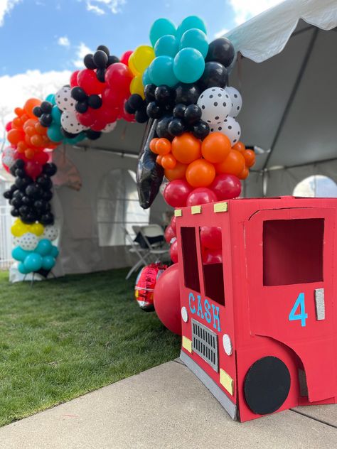 Dalmatian Party, Truck Theme Birthday, Firefighter Party, Firetruck Birthday Party, Firefighter Birthday, Firetruck Birthday, Tree Garland, Balloon Arrangements, Fourth Birthday