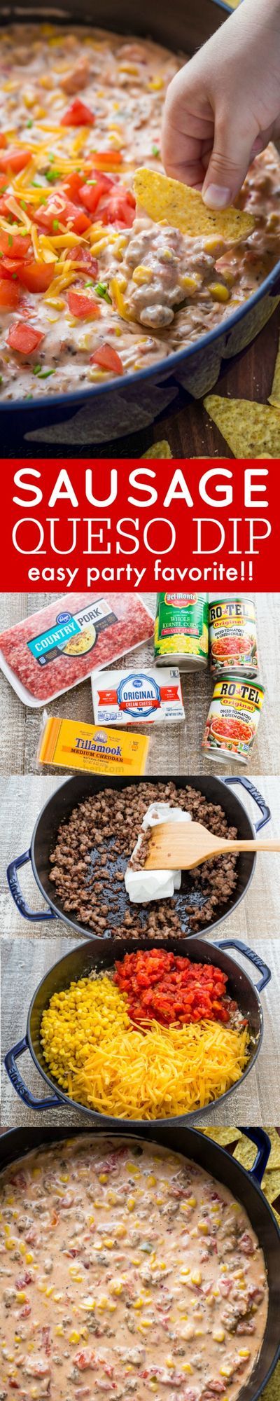 Sausage Queso Dip is creamy, cheesy and irresistibly good! A queso dip recipe with real cheddar cheese, loaded with sweet corn and tomato. A party favorite! | natashaskitchen.com #sausagequesodip #quesodip #partydip #easydip #dip Sausage Queso Dip, Sausage Queso, Cheesy Mexican Rice, Queso Dip Recipe, Corn And Tomato, Queso Dip Recipes, Mexican Rice Recipes, Queso Dip, Mexican Rice