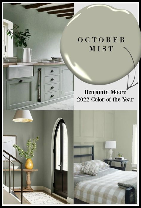 October Mist 1495 - Benjamin Moore's 2022 color of the year - Hello Lovely. #octobermist #paintcolors #sagegreen #benjaminmoore Benjamin Moore Powder Room Colors, Illusive Green Vs Evergreen Fog, Color Palette For Grey Floors, Wallpaper And Paint Combination Bathroom, Serene Paint Colors, Misted Green Benjamin Moore, October Mist Benjamin Moore Kitchen, Benjamin Moore Flora, Bathroom Colors For 2024