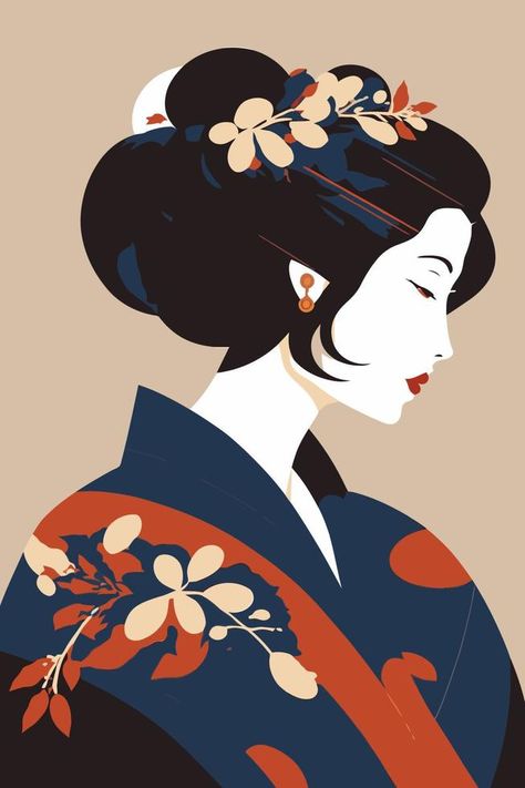 Japanese Woman Illustration, Japanese Logo Design Inspiration, Portrait Japanese, Geisha Illustration, Book Illustration Layout, Japanese Pop Art, Peter Rabbit And Friends, Design Japonais, Kimono Japan