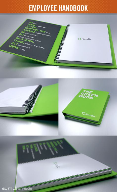 Nordic does employee onboarding right with The Green Book. The hard case's inside cover reminds team members of the company values with each use. The sprial-bound lined notebook inserts are replaceable so it can be used for a lifetime. See more employee onboarding ideas here. Corporate Notebooks, Diary Cover Design, The Green Book, Notebook Mockup, Agenda Book, Promo Flyer, Diary Design, Branded Notebooks, Creative Notebooks