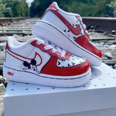 sneakers Mickey Shoes, Mickey Mouse Shoes, Red Outline, Anime Sneakers, Af1 Custom, Custom Af1, Air Force 1s, Mickey Mouse Head, Custom Air Force 1