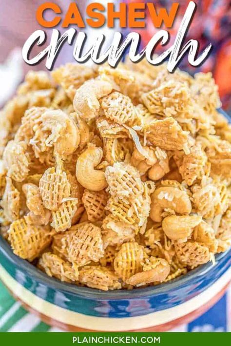 Cashew Crunch recipe - CRAZY good snack mix! Cashews, Coconut and Crispix tossed in a sweet brown sugar syrup. Makes a ton. Great for easy homemade holiday gifts. #christmasrecipes #snackmix #cashews #homemadegift #chexmix Cashew Crunch Recipe, Cashew Crunch, Chex Snack Mix, Football Friday, Cashew Recipes, Coconut Baking, Chex Mix Recipes, Cereal Treats, Plain Chicken