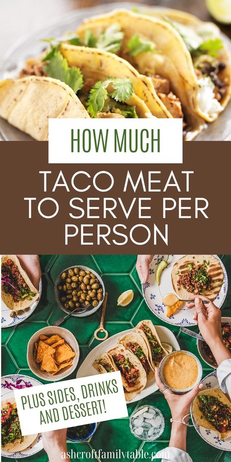 Pinterest graphic with text and image collage of tacos and a taco party. How Much Taco Meat For 50, Make Ahead Tacos For A Crowd, Taco Kit Ideas, How Much Taco Meat For 25 People, Taco Meat For 100 People, Taco Meat For A Crowd, Taco Party Food, Taco Party Food Ideas, Taco Dinner Party