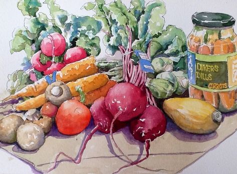 PUBLISHED FEBRUARY 12, 2013 BY PENANDPOPCOR. We pulled together some veggies to make up a still life to sketch at Local Choice in the Pearl District. Watercolor Vegetables, Veggie Art, Art Tutorials Watercolor, Water Colors, Fruit And Veg, Environmental Art, The Pearl, Watercolor Cards, Kitchen Art