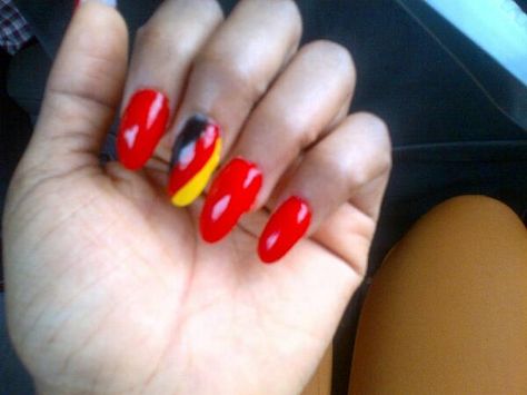 I had my nails fixed last year, a day before the 2014 Brazil World Cup. Half way thru, the technician goes "Black Red & Yellow? That's the German flag!" LOL. #TeamGermany #Brazil2014 Red Black Yellow Nails, Red Black And Yellow Nails, German Flag Nails, German Nails Designs, Maddie Nails, German Nails, German Party, Belgian Flag, Berlin Marathon