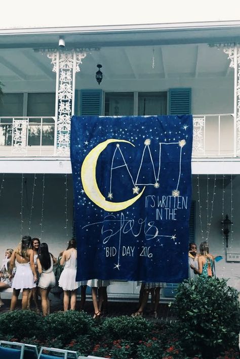 ADPi University of Florida Bid Day'16 Written In The Stars Bid Day, Bid Night Themes, Themes Sorority, Rush Themes, Sorority Themes, Recruitment Themes, Sorority Banner, Prom Themes, Bid Day Shirts