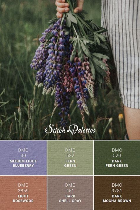 Dark Green And Peach Color Palette, Lupine Color Palette, Green Purple Brown Colour Palettes, Fern Color Palette, Color Palette With Dark Brown, Wild Flowers Color Palette, Purple Green Brown Color Palette, Outlander Color Palette, Dark Cottagecore Color Palette