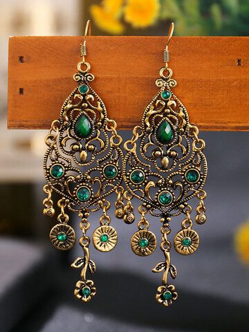 Hollow Earrings, Casual Jewelry, Indian Earrings, Ethnic Earrings, Long Dangle Earrings, Bohemian Earrings, Green Gemstones, Metal Earrings, Retro Stil