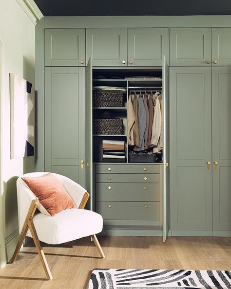 Contemporary Fitted Wardrobe & Bedroom Range | Manhattan | Sharps Coloured Wardrobes Bedroom, Bespoke Wardrobe Built Ins, Bright Primary Bedroom, Fitted Wardrobe Colour Ideas, Fitted Wardrobes Inside, Bespoke Fitted Wardrobes, Green Bedroom Wardrobe Ideas, Bedroom Builtin Wardrobes, Green Walk In Wardrobe