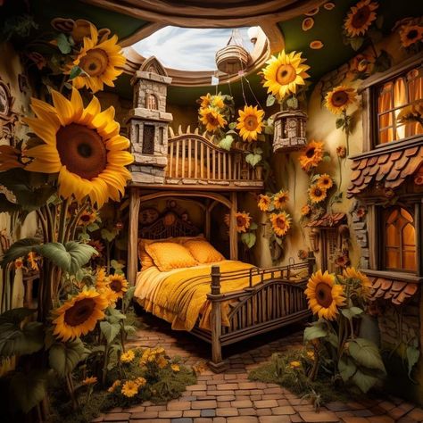 Sunflower Themed Room, Sunflower Furniture, Astetic Photos, Sunflower Room, Magical Bedroom, Sunflower House, Sunflower Home Decor, Fairy Glen, Home Themes