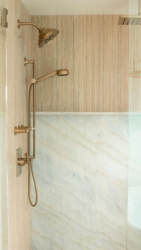 Tile Collective | Elevate your primary shower with this ribbed, wood-look porcelain tile to create an element of texture and warmth to your space… | Instagram Stacked Shower Tile Ideas, Bathroom Shower Wood Tile, Tile Bar Bathroom Ideas, Primary Shower Tile, Wood Look Tile In Bathroom, Solid Slab Shower Walls, Fluted Bathroom Tiles, Full Slab Shower Walls, Ribbon Maple Tile Bathroom