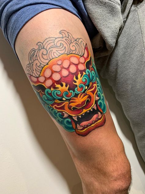 Fu Dog Tattoo Color, Rebirth Tattoos, Japan Animals, Daruma Tattoo, Japanese Sleeves, Foo Dog Tattoo Design, Above Knee Tattoo, Hercules Disney, Foo Dog Tattoo