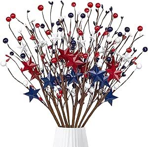 Patriotic Garland, Table Centerpieces For Home, Fourth Of July Decorations, Office Party Decorations, Blue Berry, Floral Picks, Branch Decor, 4th Of July Decorations, Metal Stars