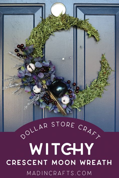 DOLLAR STORE WITCHY CRESCENT MOON WREATH Crafts Mad in Crafts Witchy Dollar Tree Diy, Crescent Moon Wreath Diy Dollar Tree, Halloween Dollar Tree Crafts, Diy Witchy Crafts, Crescent Moon Wreath Diy, Witch Crafts Diy, Witchy Crafts Diy Projects, Halloween Moon Wreath, Witchy Crafts Diy