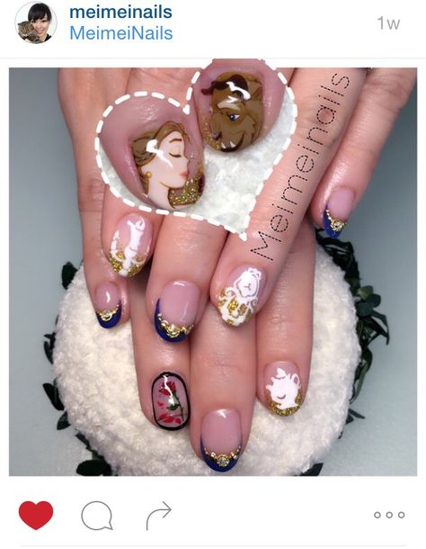 Such adorable beauty and the beast bridal nails Beauty And The Beast Wedding Nails, Beauty And The Best Nails, Beauty And The Beast Nails Simple, Beauty And The Beast Themed Nails, Beauty And The Beast Nails Acrylic, Bueaty And The Beast Nails, Beauty And The Beast Nails, Disney Princess Nails, Belle Nails