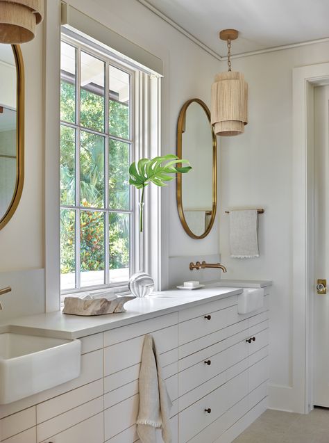 Palecek Pendants, Pendant Over Vanity, Built In Bathroom Vanity, Pursley Dixon, Nickel Gap, White Oak Table, Built In Banquette, French Oak Flooring, Framed Mirrors